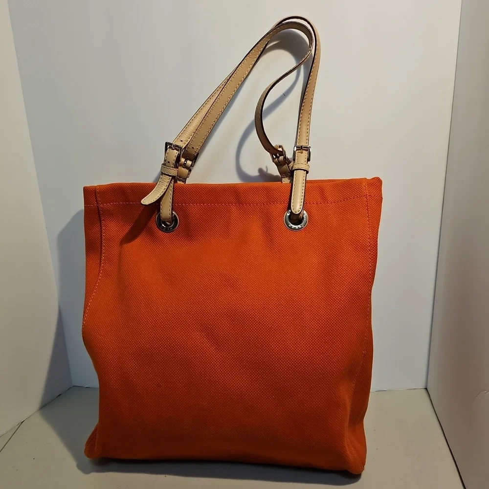 Michael Kors Large Orange Canvas Tote Beige Leather Handles